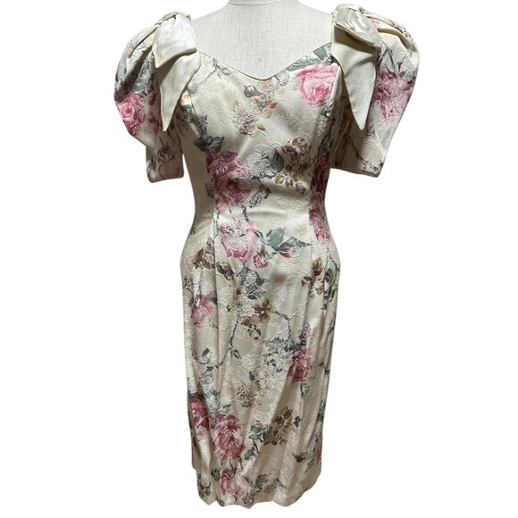 Vintage Late Edition Ltd White Floral Brocade Dress Size 6 Puff Sleeve Shoulder - Picture 2 of 8